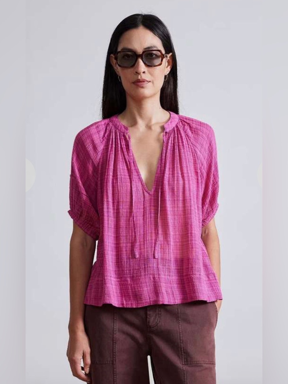 Apiece Apart Fuchsia Gauze Split-Neck Blouse